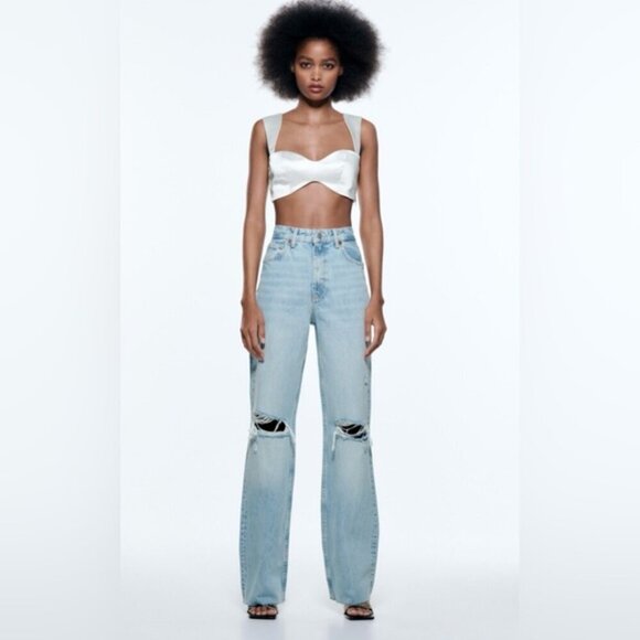 Zara Blue Flare Wide Leg Jeans with Distressed Details - Picture 11 of 11